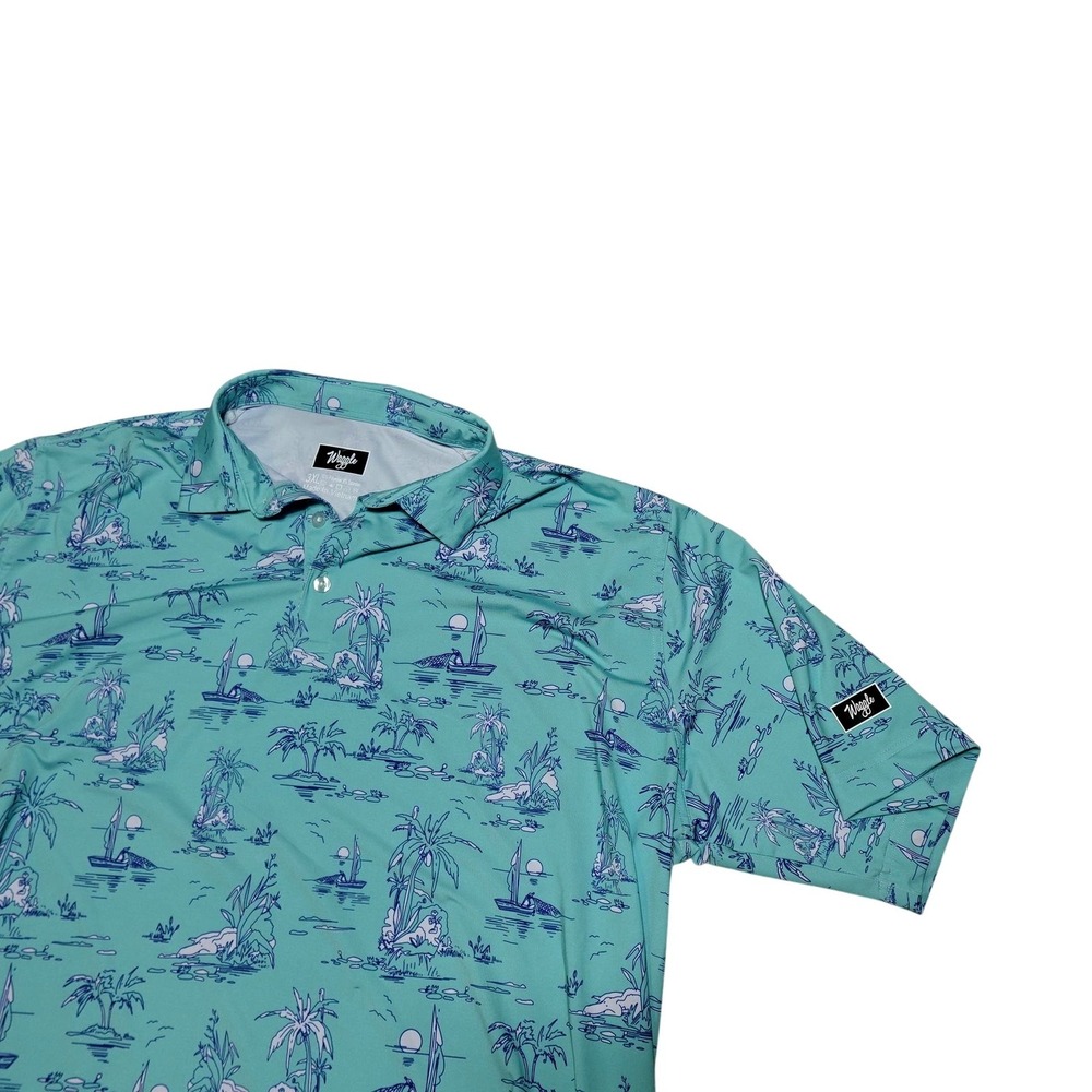 Waggle Polo Shirt Mens 3XL Green Tropical Island Graphic Golf Performance Top
